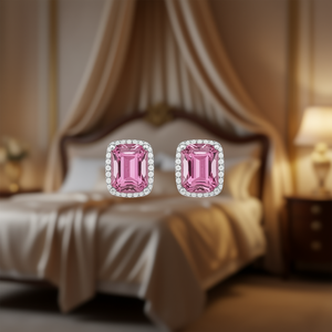 Pendientes de tuerca con gema rosa, corte esmeralda, engaste de bisel, joyería fina de lujo para mujer, diseño geométrico - Product Image 2