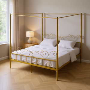 <b>Queen</b> <b>Size</b> Metal Canopy <b>Bed</b> <b>Frame</b> With Four Posts And Headboard Traditional Design For Bedroom Stable Construction Model - Product Image 2