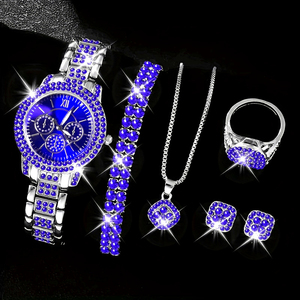 Lüks Kadın Mavi Kristal Saat Takı Seti Elmas Bileklik Kolye Küpe Hediye Seti - Product Image 1