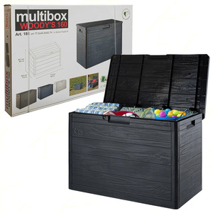 Boîte de rangement en plastique effet bois Woody 160 litres, grande, anthracite foncé, polyvalente pour une utilisation intérieure et extérieure - Product Image 1