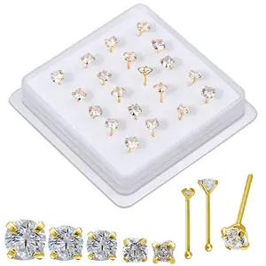 20 Pcs Straight Pin Nose Studs With 1.5mm 2MM 3MM 4MM CZ Crystal Nose Rings Piercing Boxed Body Jewelry Nose Bone Ball Pin