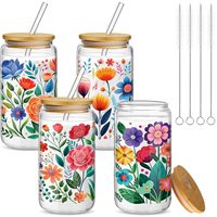 Mug à café/bière en verre de 16 oz avec logo floral abstrait personnalisé par le fabricant, avec couvercle en bambou et paille, idéal pour les cadeaux de fêtes