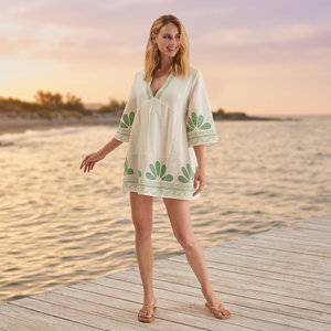 Robe tunique bohème, broderie à la main, dentelle, motif floral, col rond, manches trois quarts, longueur maxi, 100% coton, taille naturelle - Product Image 1