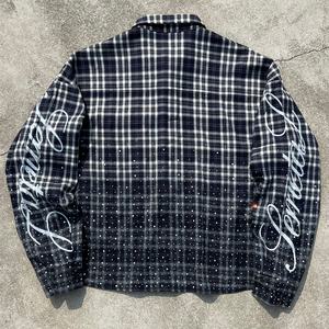 Camiseta Vintage Estampada a Cuadros con Botones, Camiseta Oversize con Pedrería y Lavado Ácido, 100% Algodón, Camisas de Manga Larga para Hombre Tallas Grandes - Product Image 2