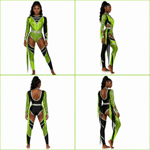 Combinaison de majorette HBCU personnalisée, vert néon, noir, argent, strass, imprimé léopard, franges en V, manches longues, découpes latérales, dos ouvert, pantalon long - Product Image 5