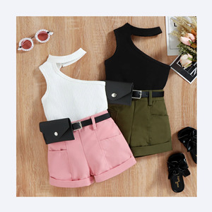 6个月-4岁女婴夏季儿童上衣 + 短裤服装精品实心罗纹针织单肩腰部套装 - Product Image 1