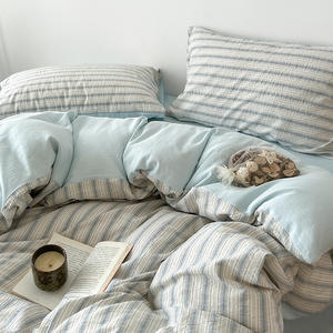 Ensemble de literie à carreaux à rayures minimalistes housse de <span class=keywords><strong>couette</strong></span> quatre pièces drap de trois pièces coton lavé <span class=keywords><strong>pour</strong></span> dortoir étudiant à usage domestique - Product Image 4