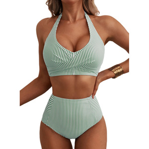 Nouveau Maillot de Bain Deux Pièces Femme 2026 à Taille Haute, Col Halter et Sac de Rangement Intégré, Motif Rayé - Product Image 1