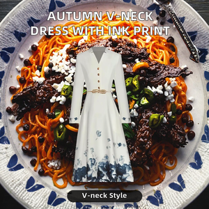 Femmes européennes américaines 24 automne nouvelle robe col en V manches longues longueur au sol boucle impression à l'encre taille grande balançoire été tissé - Product Image 2
