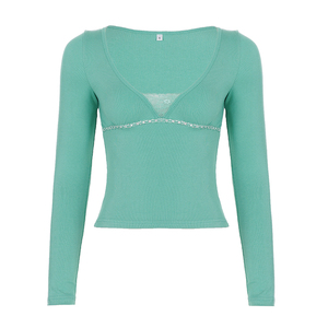 Women's Lace Trim V Neck Ribbed Knit Long Sleeve <b>Crop</b> <b>Top</b> Slim Fit Casual Y2K Fashion Women's T Shirt - Product Image 6