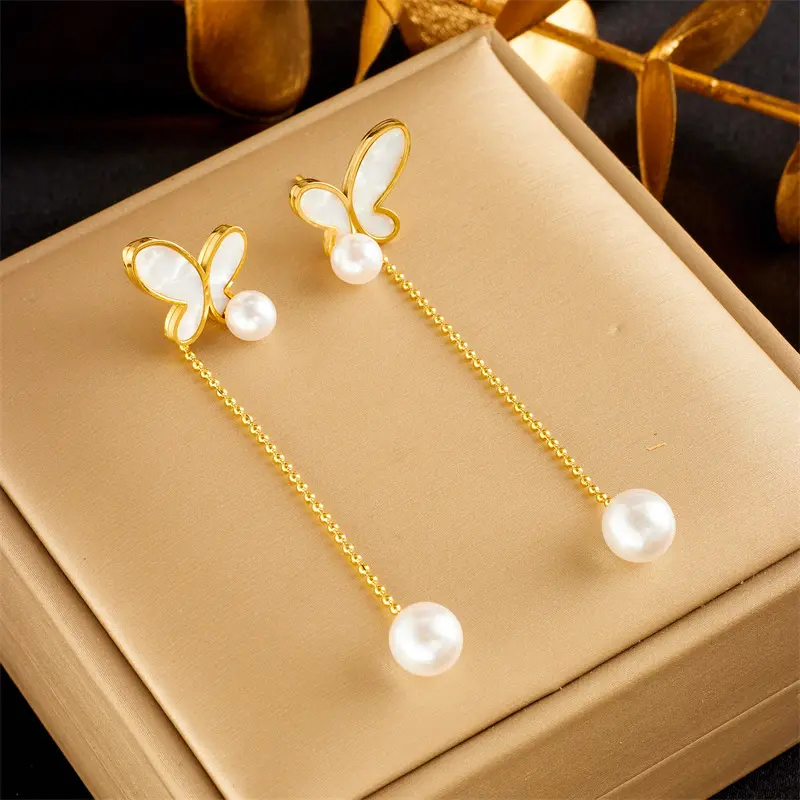 Orecchini a forma di farfalla in acciaio inossidabile 316L 18k Pvd placcati oro orecchini lunghi con nappine di perle per donne gioielli senza 2023