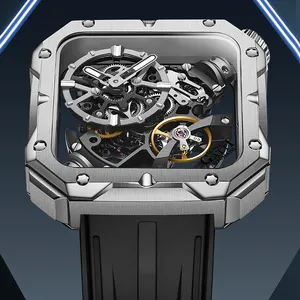 BONEST GATTI方形时尚运动手表316l不锈钢表壳镂空男士机械表
