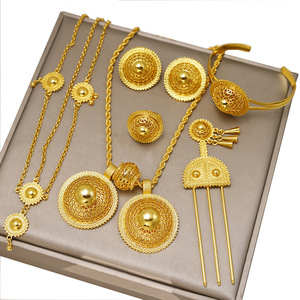 6PCS 중동 에티오피아 24K 금도금 목걸이 귀걸이 반지 팔찌 헤어 체인 헤어핀 사우디 두바이 신부 장신구 세트 - Product Image 5