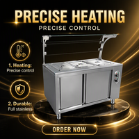 Chauffe-plat commercial en acier inoxydable avec 3 bacs alimentaires et protection anti-éclaboussures avec porte coulissante et armoire de rangement pour la restauration