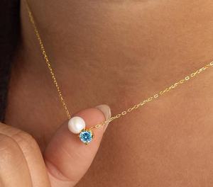 新ファッション女性シンプルステンレスネックレスジュエリー模造真珠誕生石ジルコンペンダントチョーカーネックレス - Product Image 2