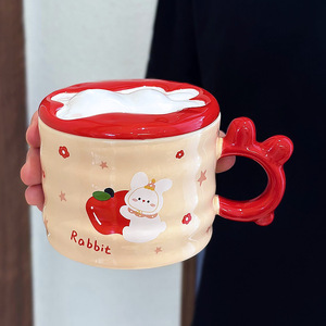 Cute Rabbit <b>Ceramic</b> <b>Mug</b> With Lid And Handle Red Pink Yellow Cartoon Design For Coffee Tea Spring 2025 Gift Cup - Product Image 4