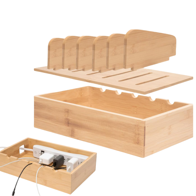 5-Port Wooden Charging Station Organizer Multi-Device Docking Station for Phones Laptops Removable Divider Slots Cord Box Cable