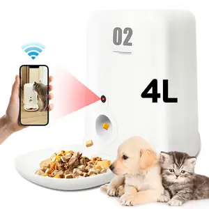 自動猫と犬のペットフィーダーフードディスペンサー4L、ポーションコントロール付きダブルボウル、Wifi-バッテリーとプラグイン電源