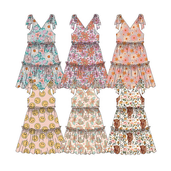 New Style Summer Baby Girls Dress Mixed Printed Tie Up Backless