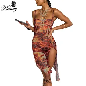 Best Seller Trendy New Style Short Floral Print Bandage Mesh Women Dresses For Special Occasions