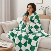 Plaid en polaire sherpa à carreaux vert et blanc, super doux, tricoté, couverture portable pour canapé et lit