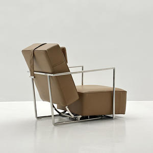 Stainless Steel Extendable Lounge <b>Chair</b> - Italian Minimalist Light Luxury <b>Recline</b> <b>Chair</b> Caramel Leather <b>Chair</b> for Villa <b>Garden</b> - Product Image 2