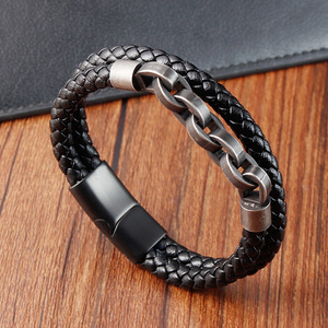 Braided Genuine <b>Leather</b> <b>Bracelet</b> & Antique Silver 316L Stainless Steel Chains & Magnetic Clasp | Vintage Style Men's Wristband - Product Image 2