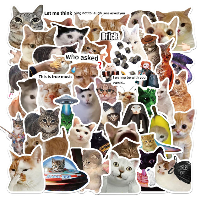 50pcs Die Cut Matte Varnish Viral Cat Stickers Cute Cartoon Cat Expression Graffiti Hot Decorative PVC Paper Meme Stickers