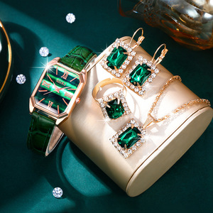 Set 5 pezzi <span class=keywords><strong>orologio</strong></span> al quarzo di lusso <span class=keywords><strong>verde</strong></span> collana con anello con orecchini di strass alla moda <span class=keywords><strong>orologio</strong></span> da polso Casual da <span class=keywords><strong>donna</strong></span> orologi da polso - Product Image 4