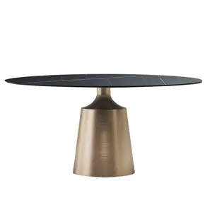 意大利奢侈品拉丝金不锈钢腿餐桌现代圆形陶瓷或大理石顶部餐桌集