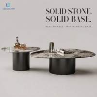 Ensemble de table basse en marbre brun naturel Luca Venise, plateau ovale poli miroir haute brillance, base cylindrique sur piétement pour hôtel et villa