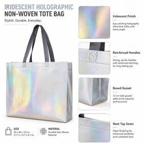 Sac fourre-tout holographique métallisé de taille moyenne, réutilisable, avec poignées en sangle PP pour les courses - Product Image 5