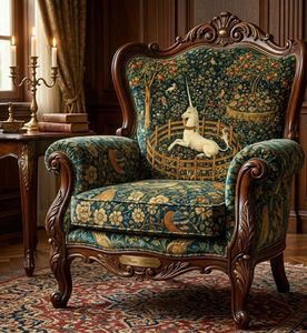 Tissu d'ameublement imprimé élégant « La Licorne en Captivité » au mètre, inspiré du monde féerique médiéval - Product Image 3