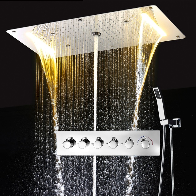 Chrome Column Shower Set 700x380mm Ceiling 4 Functions Shower System Led Rain Waterfall Mist Thermostatic Shower Bath