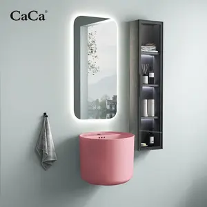 CaCa Wholesale Bathroom Sink Semi-hanging Wall Mounted Ceramic Wash Basin With Smart Mirror And Cabinet