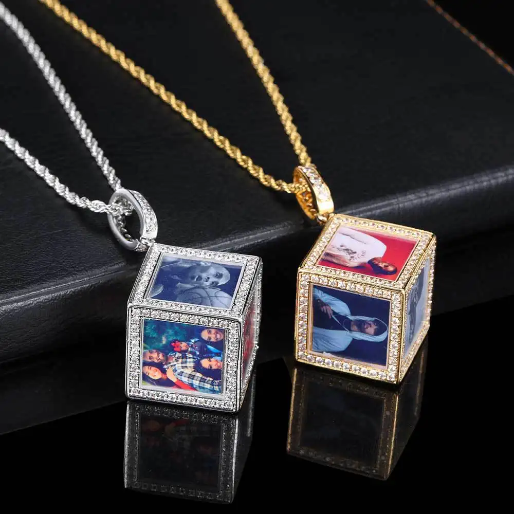 DIY Personality Memory Picture Custom Made 6 Sides Inlaid Zircon Cube Photo Frame Pendant Necklace Hip Hop Men's Fashion Jewelry