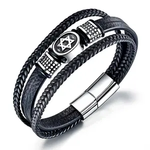 SSB082 Mens Black Leather Cuff Bracelet Multi-Layer Braided Leather Magnetic Buckle Star of David Bracelet Jewish Jewelry