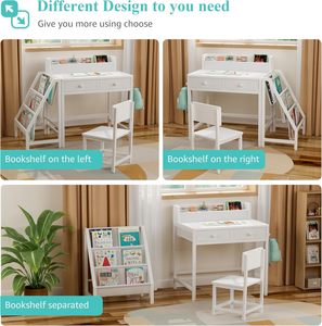 Ensemble <span class=keywords><strong>bureau</strong></span> et chaise blanc pour enfants, pour garçons et filles de <span class=keywords><strong>5</strong></span> à 8 <span class=keywords><strong>ans</strong></span>. Cette station d'étude pour enfants est équipée d'étagères à livres et de tiroirs en tissu. - Product Image 3