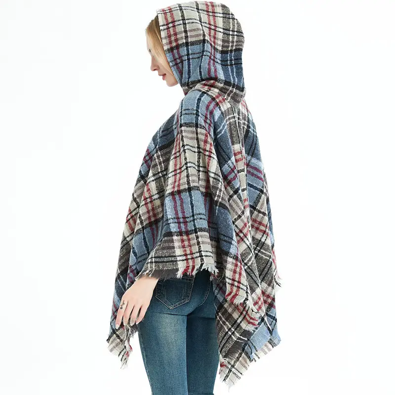 Frauen lange Cape Ärmel Plaid Jacquard Fransen Poncho Herbst Winter Stricks chal Wraps Frauen Kapuze Ponchos Mantel