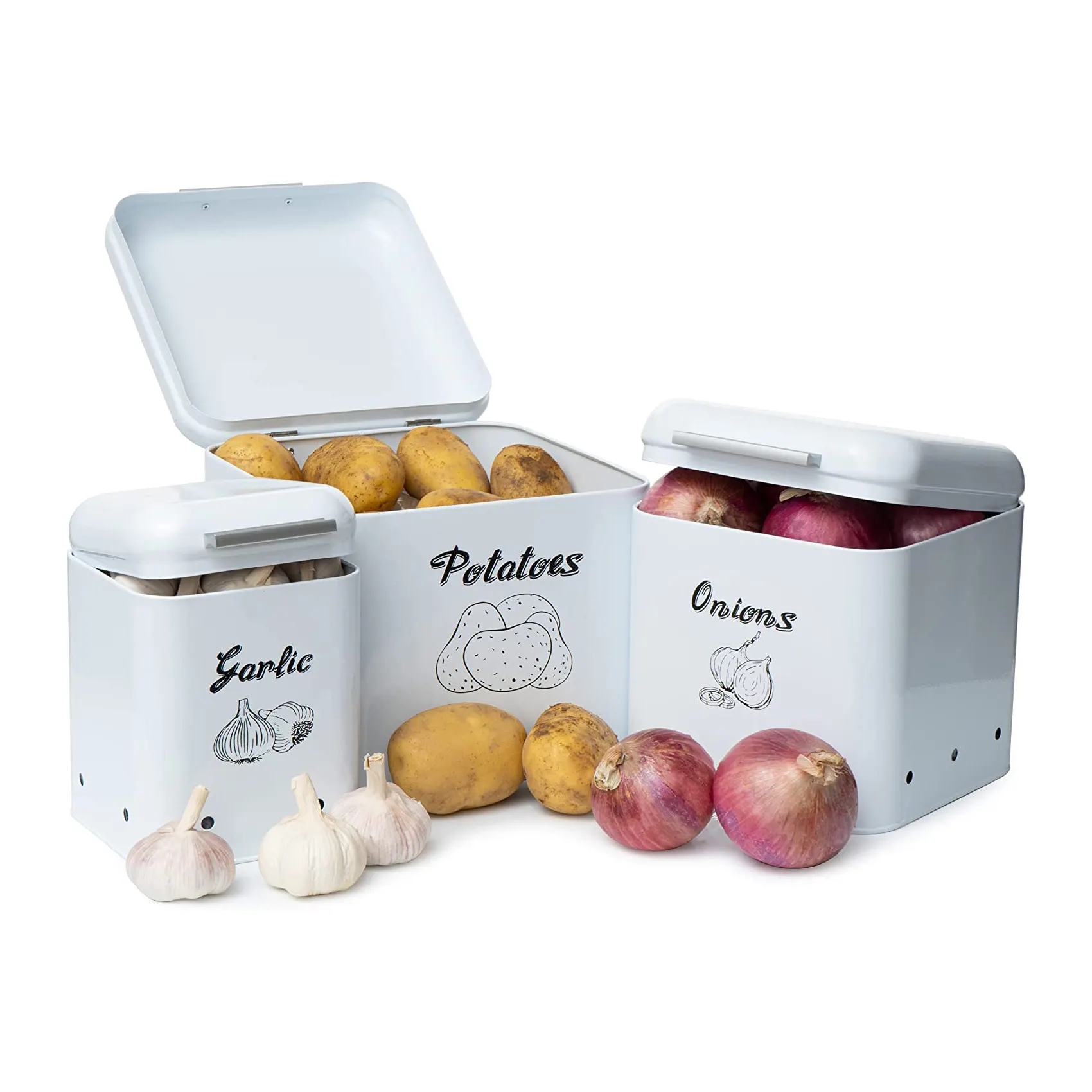 Keuken Metalen Vierkante Bussen Set Van 3 Aardappelen Bin Knoflook Keeper Doos Aardappel Ui En Knoflook Tin Voedsel Opslag Container