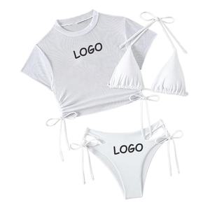 Traje de Baño Bikini de 3 Piezas con Tirantes Triangulares y Lazos Laterales para Mujer, con Logotipo Personalizado, Traje de Baño de Lujo para Fitness, Ropa de Playa, Fabricante de Trajes de Baño - Product Image 3