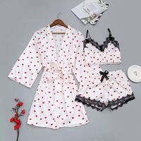 Ensemble de nuit sexy 3 pièces en soie de lait pour femme : Robe de chambre d'été, Cardigan, Chemise de nuit et Peignoir de mariée en dentelle