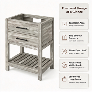 Rustic Solid Wood <b>Bathroom</b> Vanity With Two <b>Drawers</b> Slatted Shelf Floor Standing Rectangular Light Gray Cabinet - Product Image 2