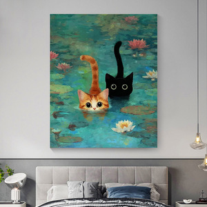 Kit di Pittura a Numeri per Adulti, Due Gatti su Laghetto con Ninfee in Stile Monet, Dipinto su Tela, Decorazione Murale Floreale e Animalier - Product Image 2
