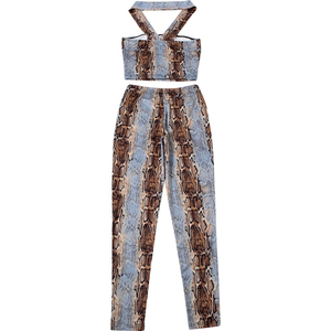 ชุดเซ็ตฤดูร้อนสำหรับผู้หญิง Viviblook Z402ST01 ลายงู สไตล์สตรีทแวร์ เสื้อครอปเปิดไหล่ข้างเดียว กางเกงขายาวเข้ารูป ชุดสองชิ้น - Product Image 6