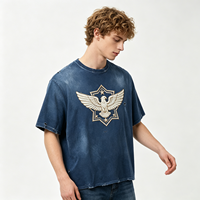 T-shirt brodé Aigle vieilli, bleu délavé, en coton épais, pour homme, style vintage streetwear, motif graphique, coupe oversize
