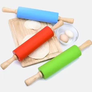 Silicone Rolling Pin Pastry Dough Flour Roller Non-Stick Wooden Handle Kitchen Baking Cooking Tools Rolling Pin