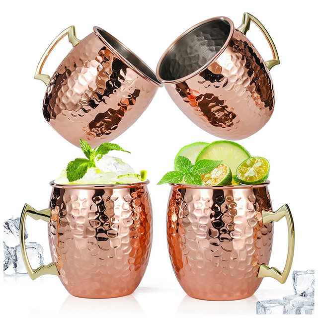 Hot Selling Moscow Mule Mugs Hammered Plated Copper Cups Stainless Steel Beer Wine Glass With Gold Brass Handles