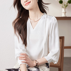 French Style V-neck Ribbon Draped Blouse Women Spring Summer Satin Solid Color Commuting Shirt Q9948 - Product Image 2