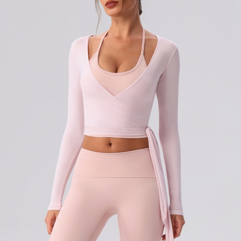 Ladies Long Sleeve V-neck Yoga Shirt Adjustable Tie Waist Slim Sports Pilates Workout Wear